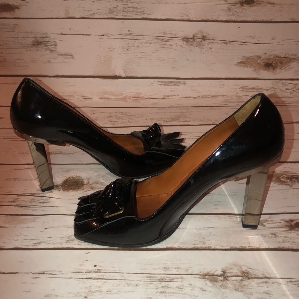 Beautiful Lanvin Black Patent Square Toe Fringe Metal Pump - Picture 7 of 13